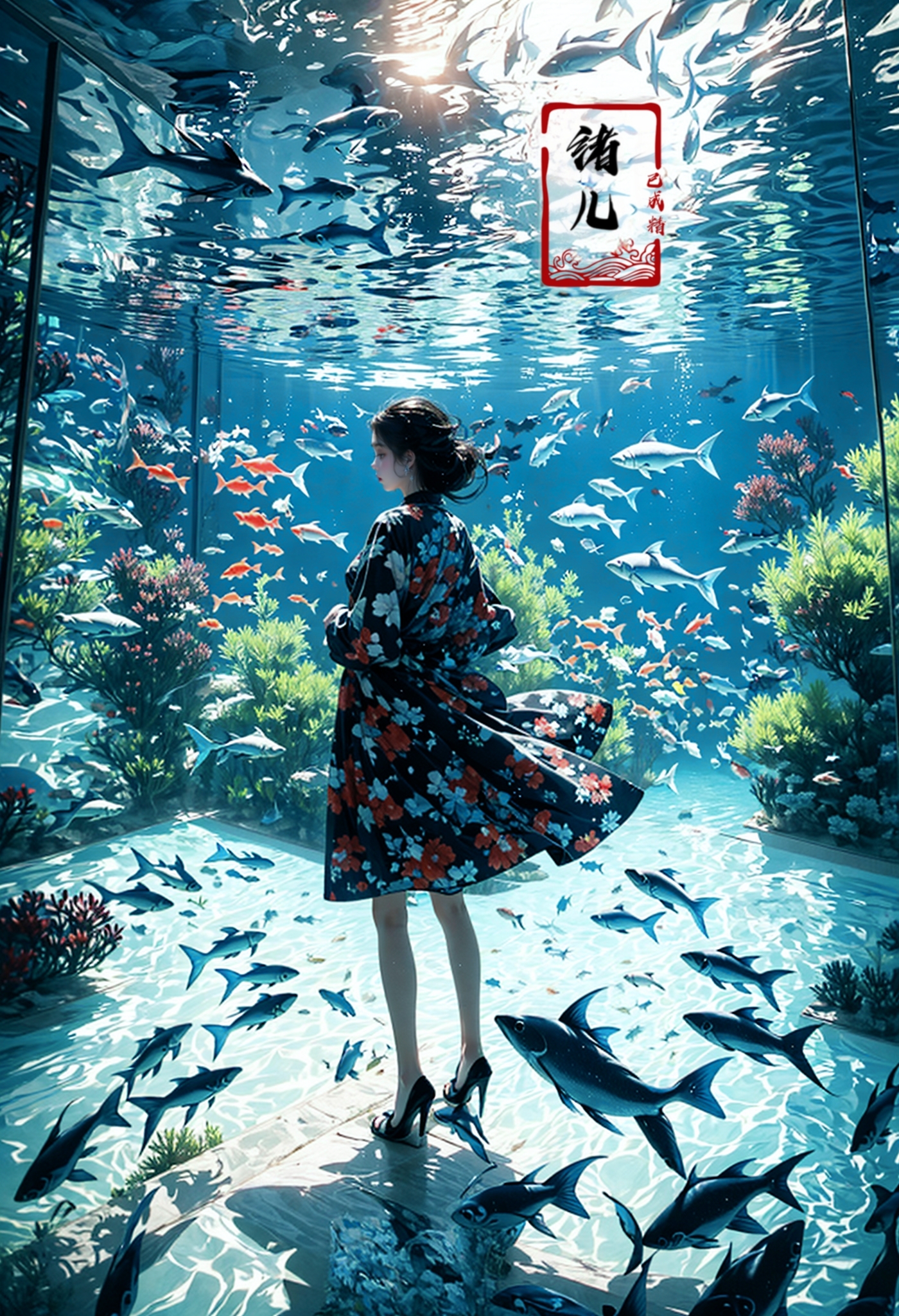 606247209521969617-2662703724-fluorescent Red theme, fish, aquarium,  solo,1girl, scenery, water，__lora_绪儿-海底世界 Underwater world_0.8_.jpg